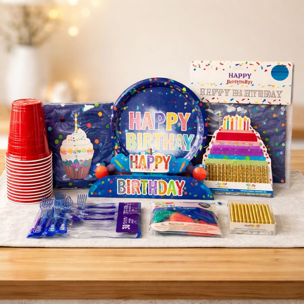 Happy Birthday Party Set Contains Cups Napkins Banner Balloons Candles Cutlery